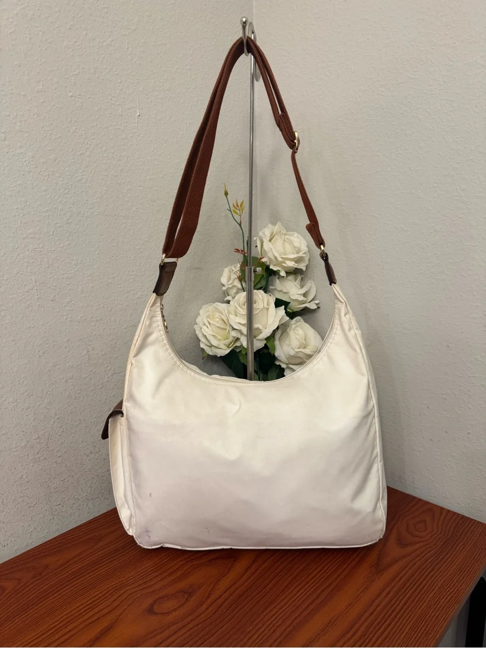 Longchamp White Shoulder Bag with Brown Strap and Trim